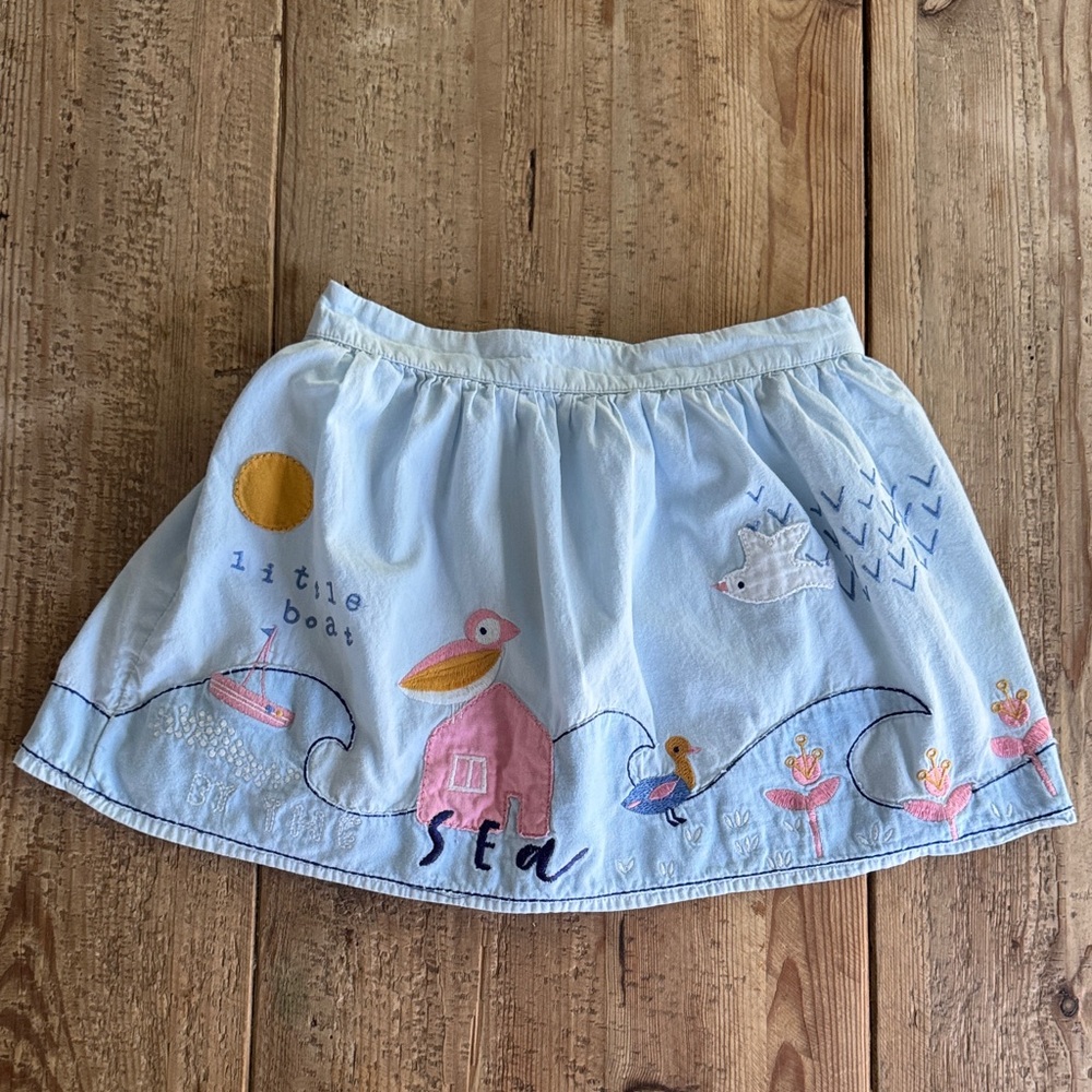 Whimsical Light Blue Embroidered Skirt with Nautical Design